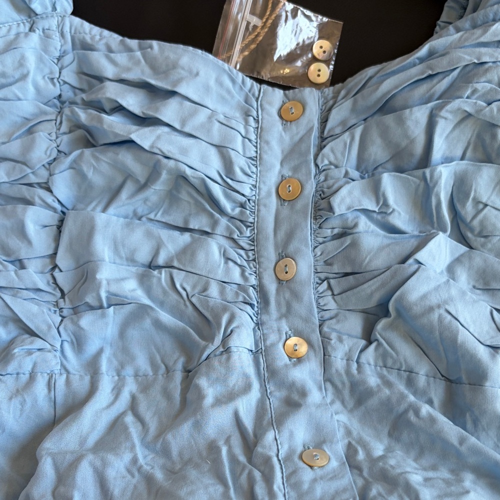 Elf Handmade Blue Cottagecore Midi Dress Smocked Puff Sleeve Button Front XL NWT - Picture 8 of 10